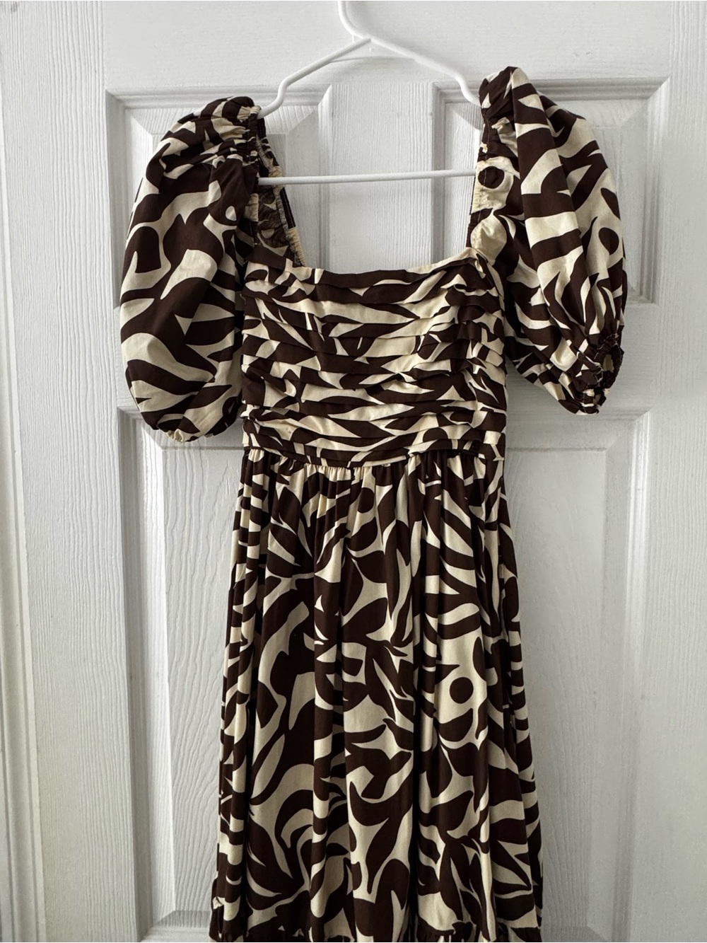 Abercrombie & Fitch Brown and Cream Puff-Sleeve Midi Dress